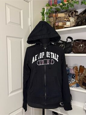 Aeropostale Black Zip-Up Hoodie Sweatshirt with White Logo